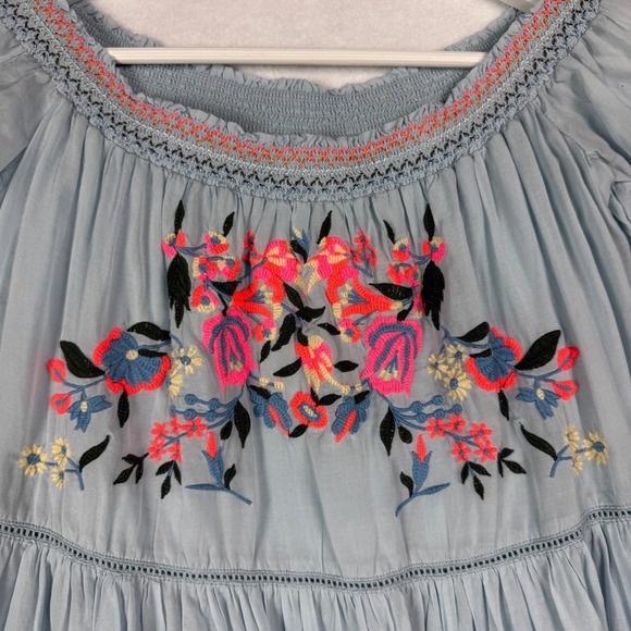 Free People Blue Embroidered Smocked Off Shoulder Tiered Dress Size‎ Small - Picture 4 of 11